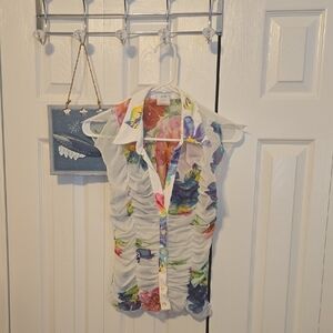 Cache White Floral Ruffled Sleeveless Blouse